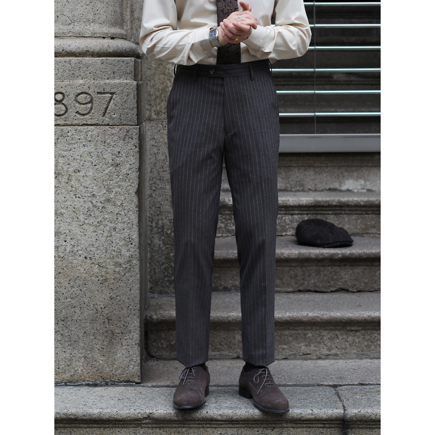 英伦复古经典中腰条纹修身小直筒 上班通勤雅痞绅士商务西裤长裤