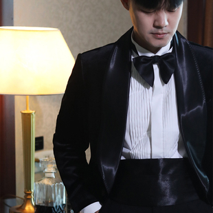 美式经典复古丝绒缎面拼接青果领结婚主持晚会正装塔士多西服礼服