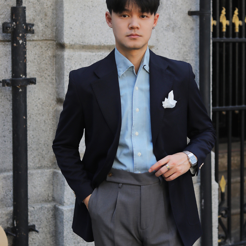 意式那不勒斯金属扣海军蓝布雷泽商务休闲通勤藏青色修身西装外套