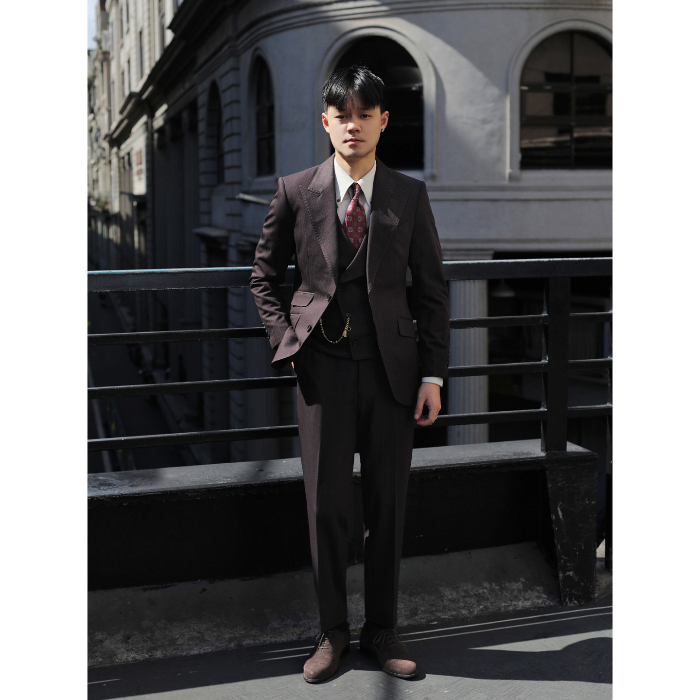 英伦复古结婚新郎婚礼西装意式雅痞绅士商务条纹修身西服三件套装