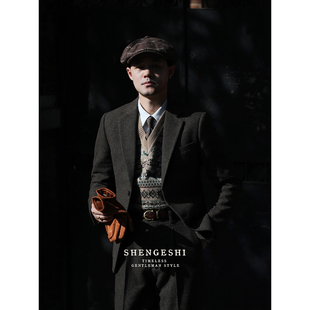 英伦复古秋冬结婚新郎格子西服 浴血黑帮羊毛粗花呢修身西装外套