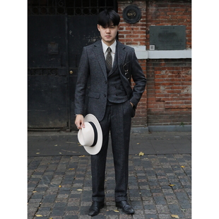 复古英伦雅痞绅士浴血黑帮风 羊毛粗花呢人字纹修身西装三件套装