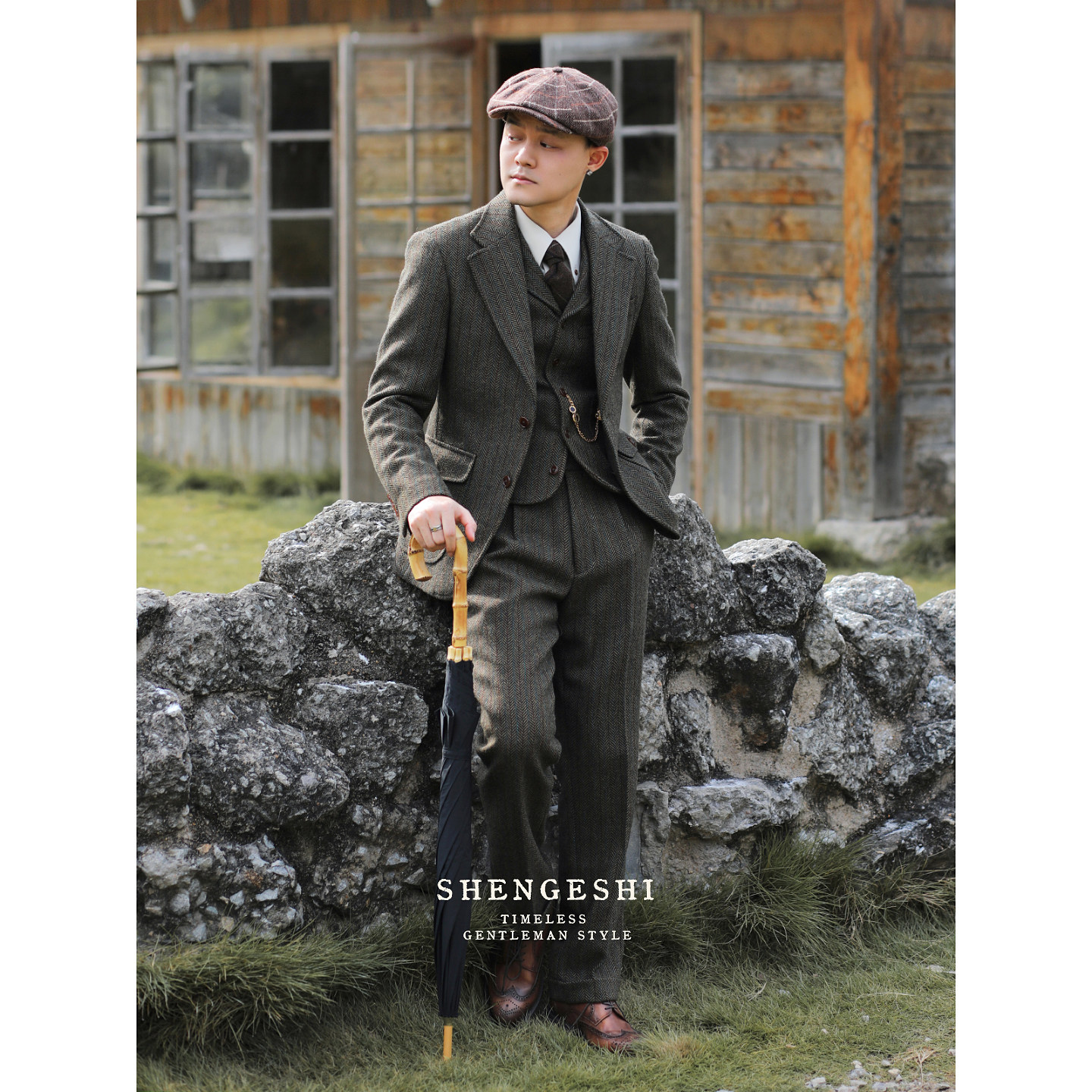 英伦复古雅痞羊毛粗花呢新郎结婚人字纹条纹猎装修身西服三件套装