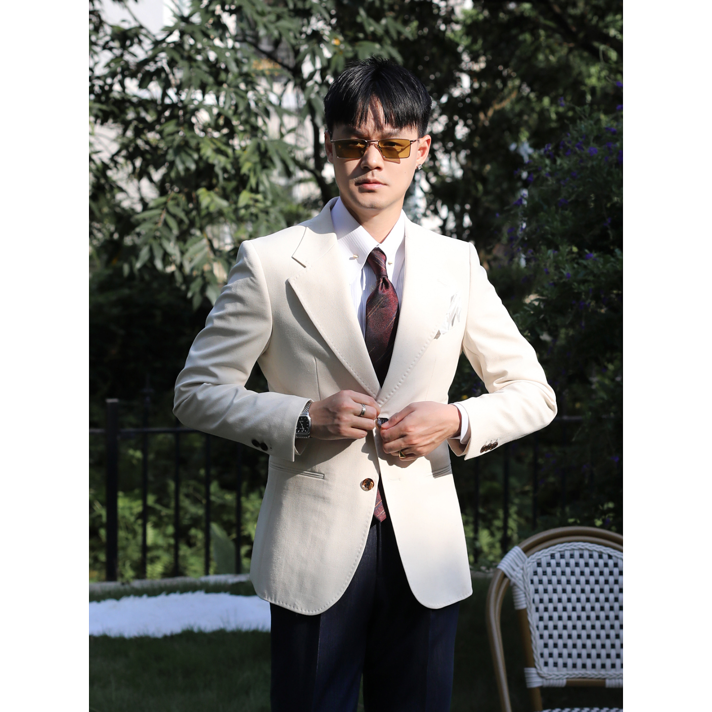 意式那不勒斯肌理面料度假西装 儒雅老钱风杏色修身休闲西服外套