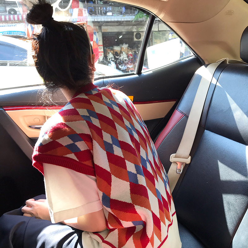 BLACKMILK 春装2019款女格子马甲女针织复古拼色外搭v领毛衣背心