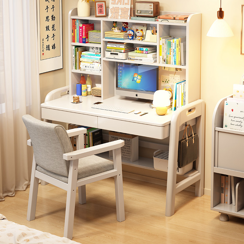 实木书桌书架一体桌子学生家用学习桌卧室电脑桌儿童升降写字桌椅