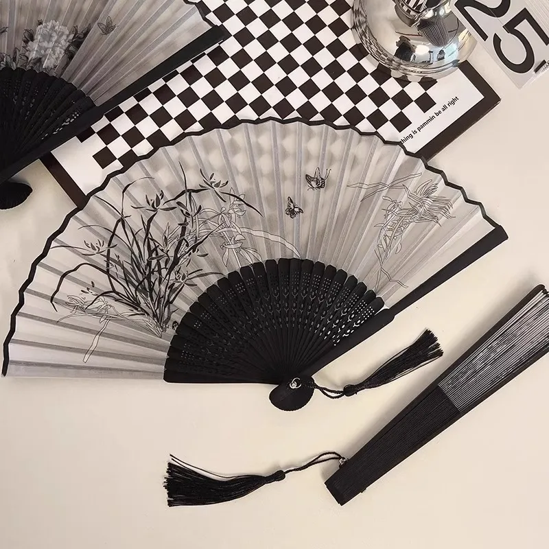 夏天扇子折扇国风新中式古风小扇子黑色简约耐用儿童竹扇随身携带