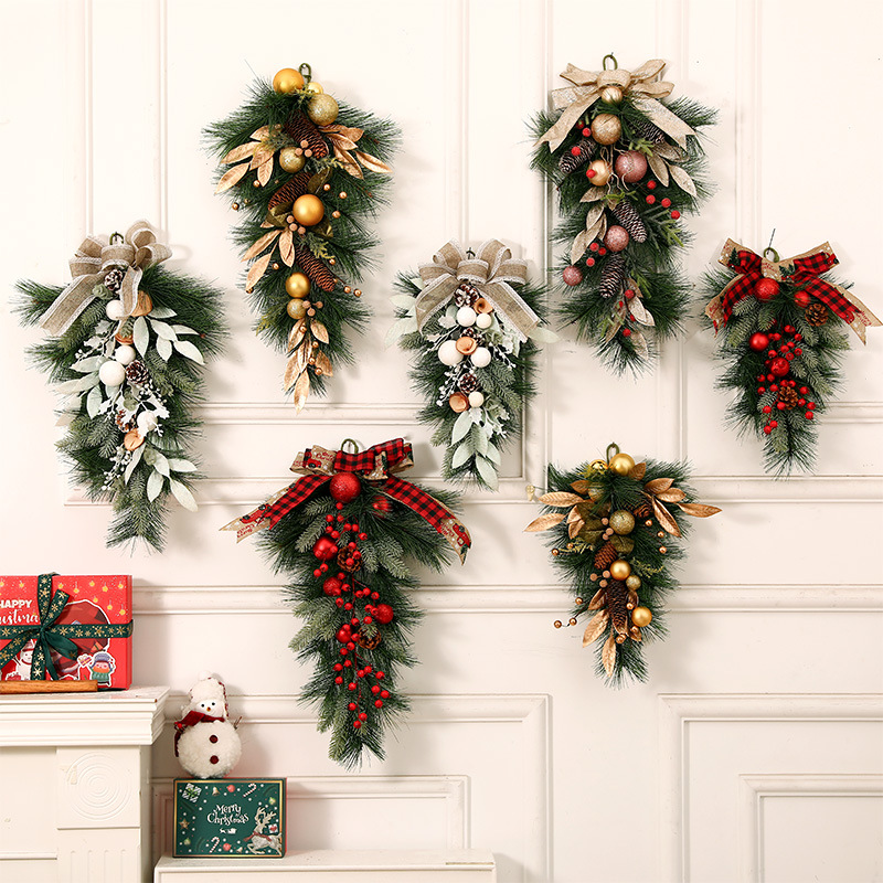 圣诞节装饰球倒挂树花环藤条门挂商场橱窗咖啡店布置蝴蝶结门饰品