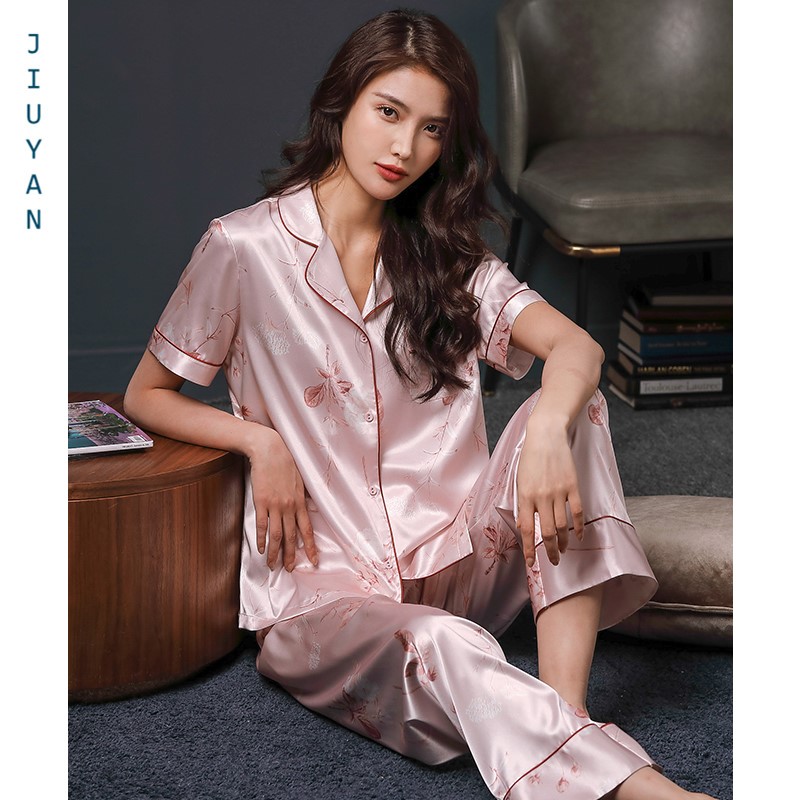 睡衣女士夏季丝绸冰丝短袖长裤家居服夏天薄款仿真丝绸套装