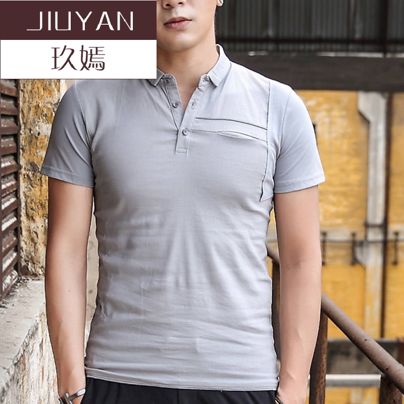 玖嫣 2018新品纯色百搭修身翻领体恤棉麻上衣服男
