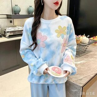 欧洲站陌上花开卫衣春夏新款女休闲宽松圆领白色扎染时尚上衣