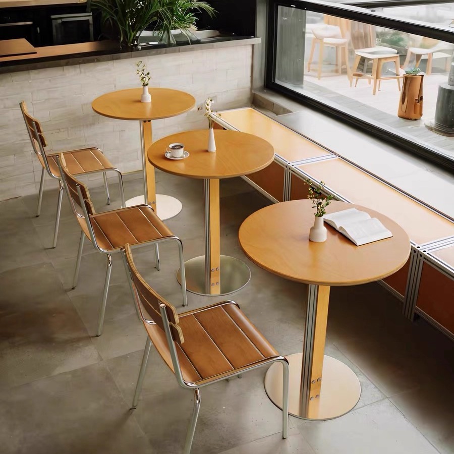 中古风咖啡厅海洋板桦木圆方餐桌