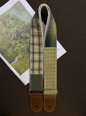 【原创】Loudspeaker浮织 意大利皮革工艺手缝线绿拼布吉他背带