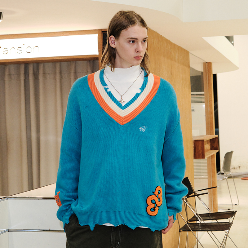 33TRENTETROIS潮牌秋季长袖针织衫宽松学院风百搭休闲V领针织衫