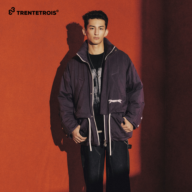 33潮牌紫色机能风连帽羽绒服多口袋工装刺绣羽绒外套