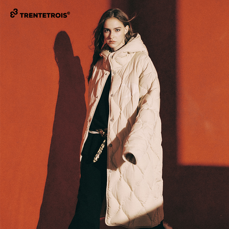 33潮牌长款菱格绗线棉衣连帽过膝保暖外套