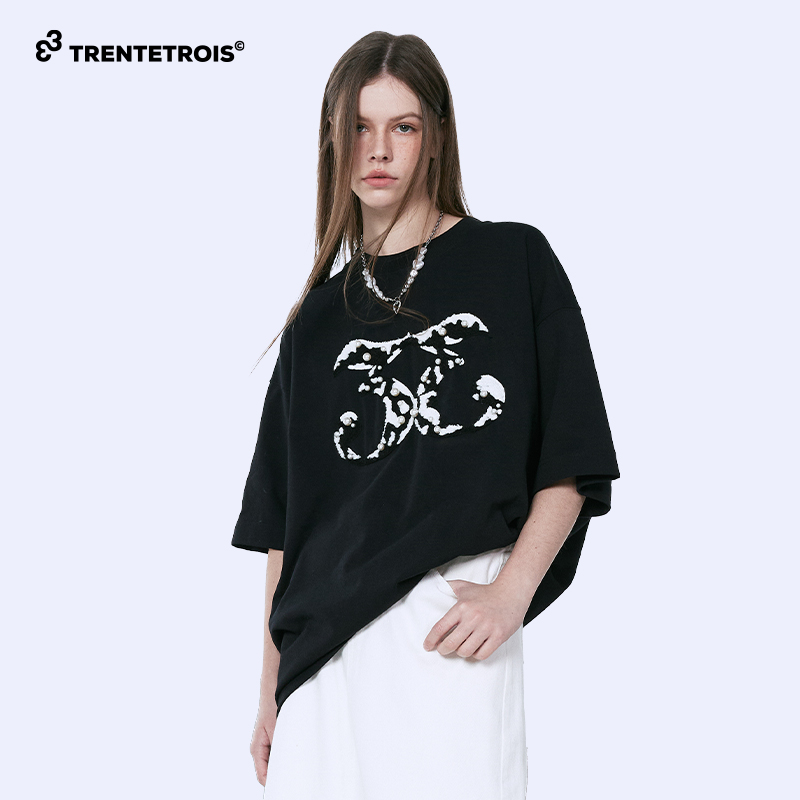 33夏季美式宽松短袖设计印花黑白