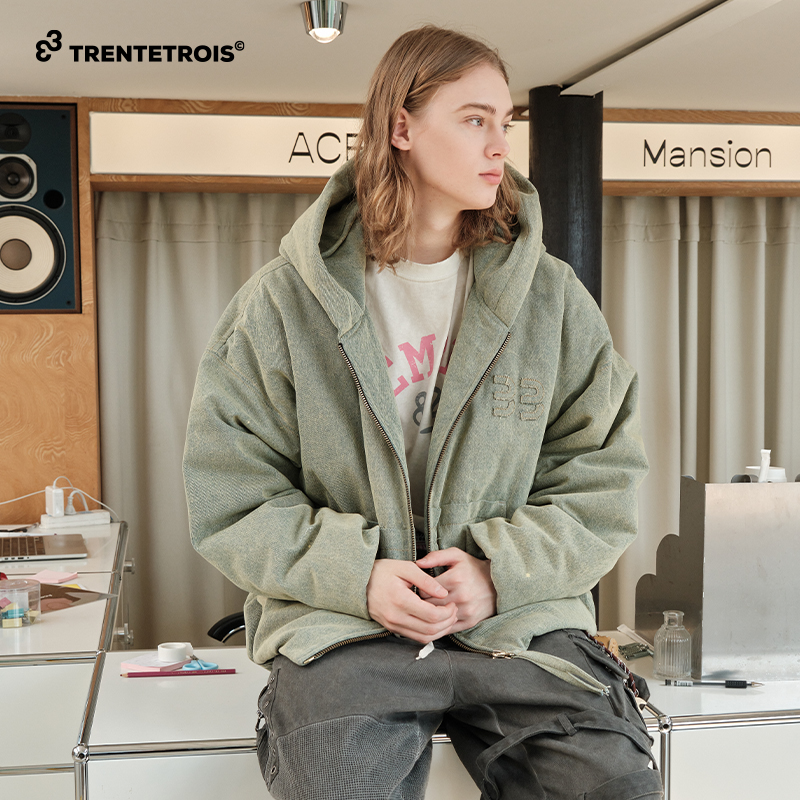 33潮牌羽绒服宽松廓形撞色牛仔线贴布绣标休闲时尚连帽羽绒服