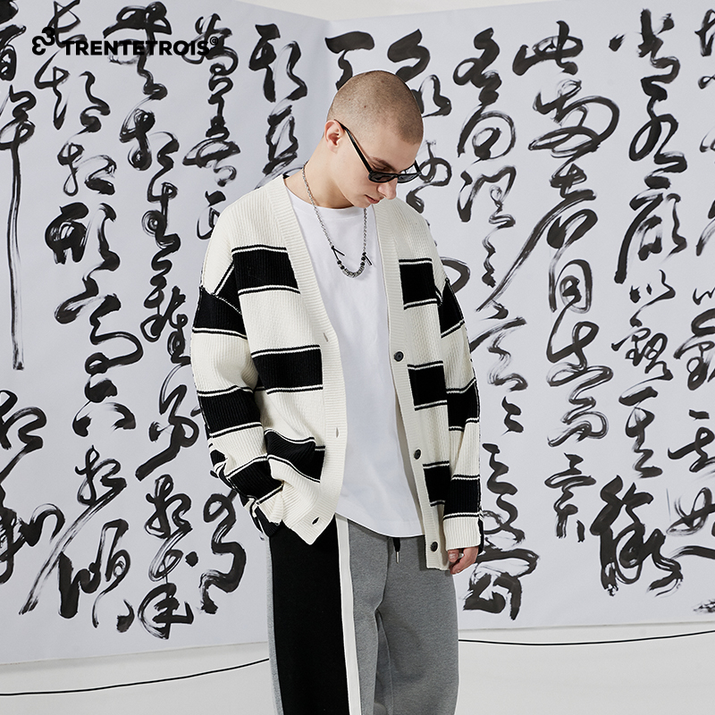 33潮牌针织衫新款粗细条纹拼接宽松潮流柔软透气条纹开衫