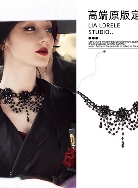 暗夜玫瑰万圣节cos黑色串珠项链颈链复古哥特朋克锁骨链脖子装饰