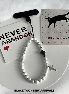 BlackToo/原创简约风十字架白松石手机绳 手机链黑白水墨风挂件