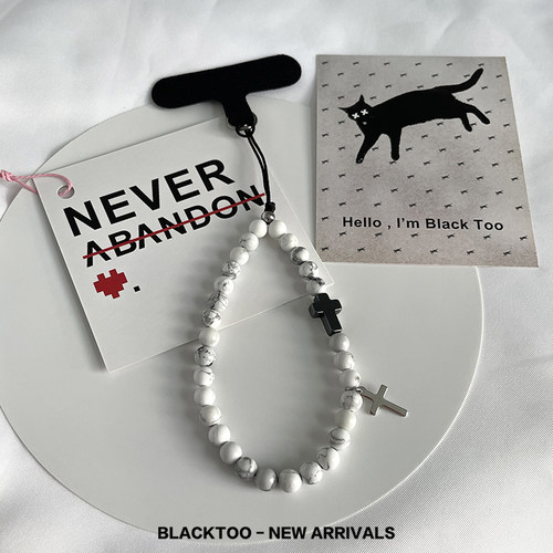 BlackToo/原创简约风十字架白松石手机绳 手机链黑白水墨风挂件