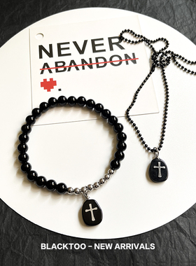 情侣款黑玛瑙十字架钛钢项链