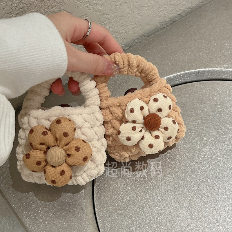 毛绒荣耀毛线手提耳机收纳包花朵