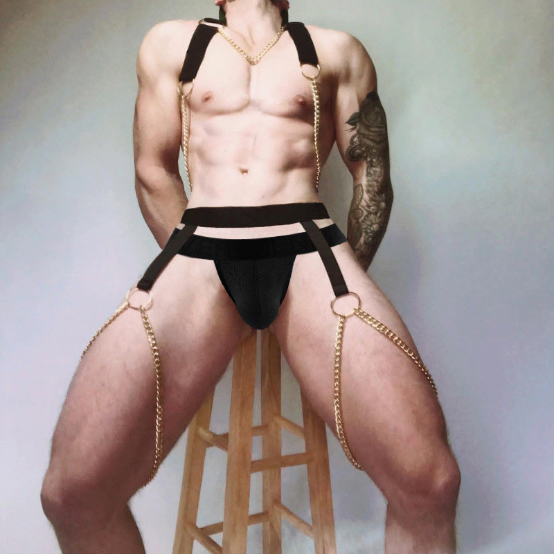 男士时尚胸带束缚带套装丁字裤派对酒吧带BDSM哥特式胸带链吊袜带