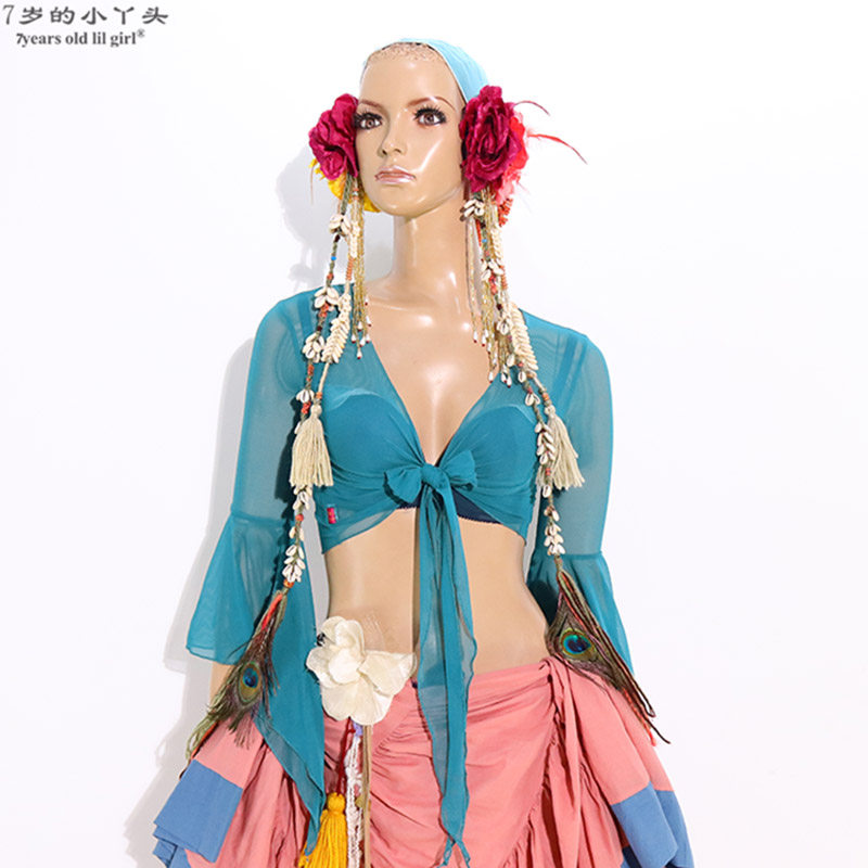 肚皮舞网纱上衣新品意大利水沙5分尖喇叭袖上衣BYY5661