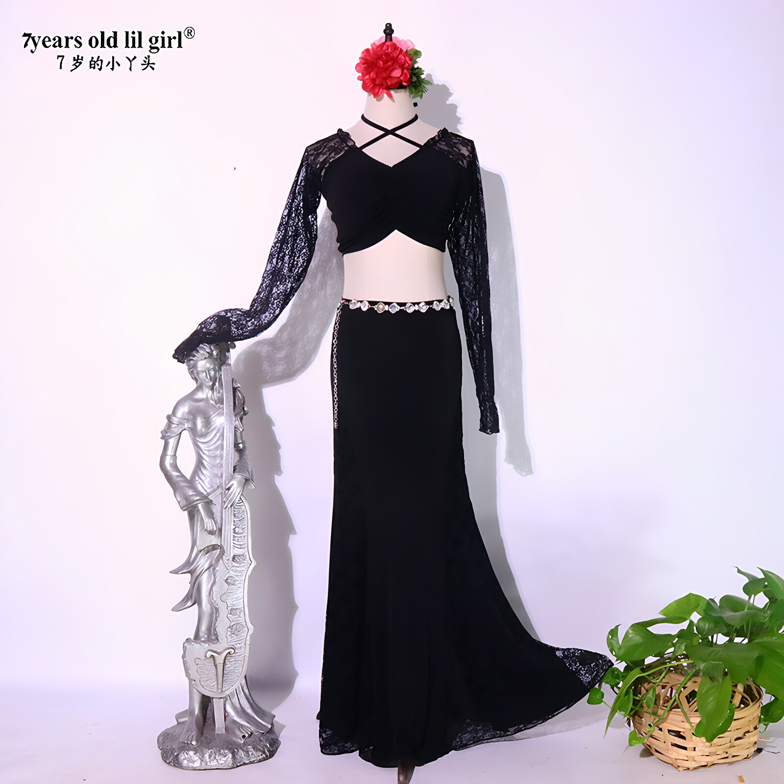 7yearsoldlilgirl品牌设计肚皮舞蕾丝拼接套装舞蹈服练功服CBB107