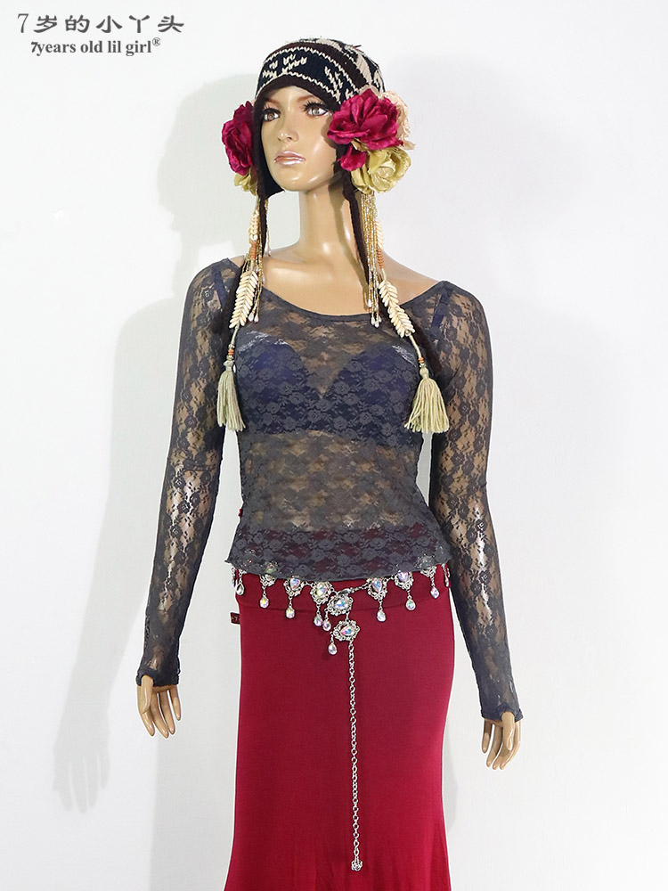 肚皮舞 秋冬 新品练习服 蕾丝小长身无肩扣指上衣  DP99 100