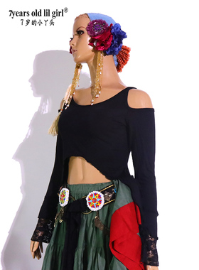 哥特融合风部落肚皮舞上衣个性莫代尔人棉精灵黑色 BOO02