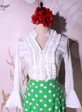 Flamenco弗拉门戈舞西班牙舞涤棉白色荷叶领喇叭长袖上衣ECA10