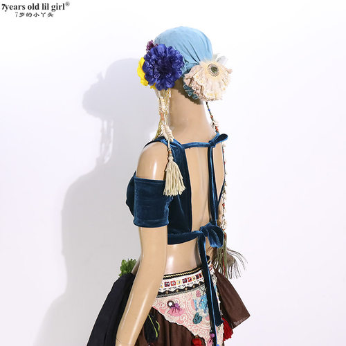 7yearsoldlilgirlATS部落肚皮舞练功服choli丝绒露背开肩短袖热销
