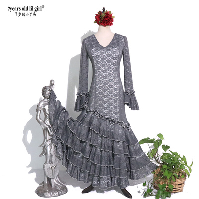 定制西班牙弗拉门戈春服演出服Flamengo热销V领蕾丝连衣舞裙GI08