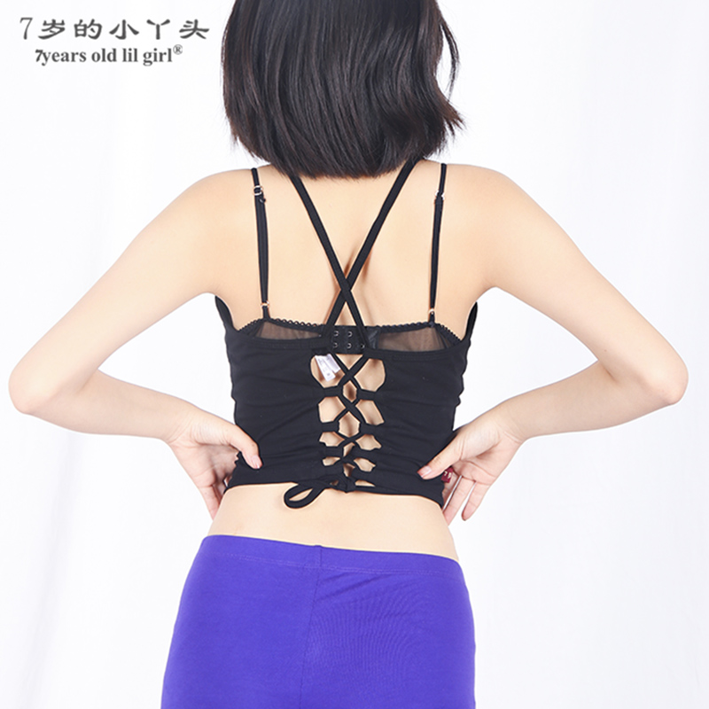 瑜伽服肚皮舞上衣女舞蹈服装新款2019春夏抽带弹力棉吊带胸垫背心