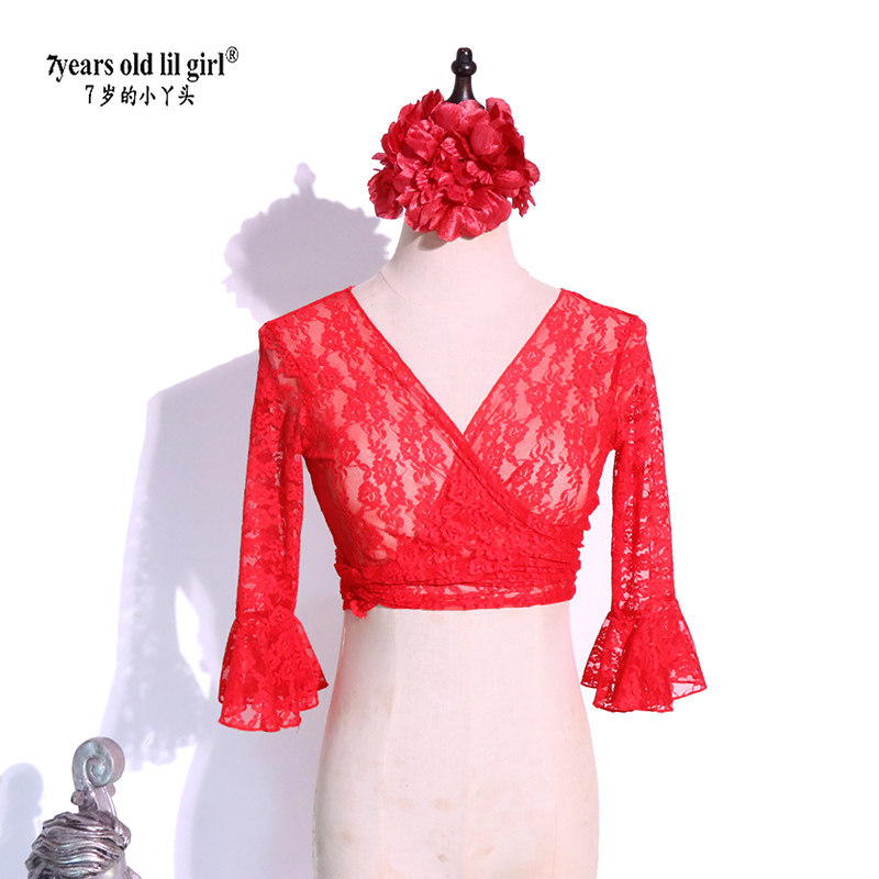 肚皮舞上衣练功服演出服 女2024春夏新款韩国蕾丝喇叭袖上衣DI22