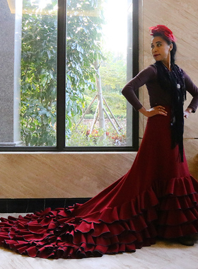订做舞蹈服Flamengo弗拉门戈长尾裙BATA演出服西班牙舞裙 CWQ08