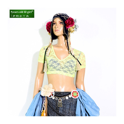 舞蹈服热销ATS部落肚皮舞choli  韩国蕾丝V领露背短袖上衣BJ01