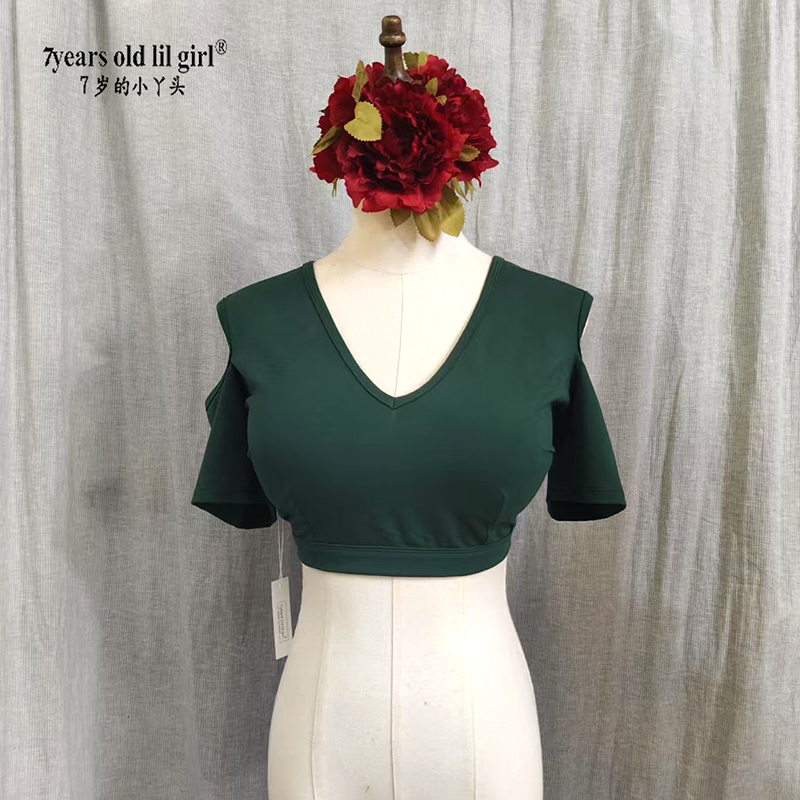 ATS肚皮舞品牌设计热销墨绿弹力棉三角V领露背开肩短袖CFF24