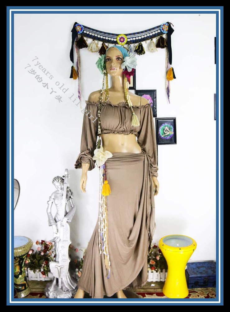 2019新款上市肚皮舞莫代尔人棉翻腰包臀插片裙加上衣HHT10