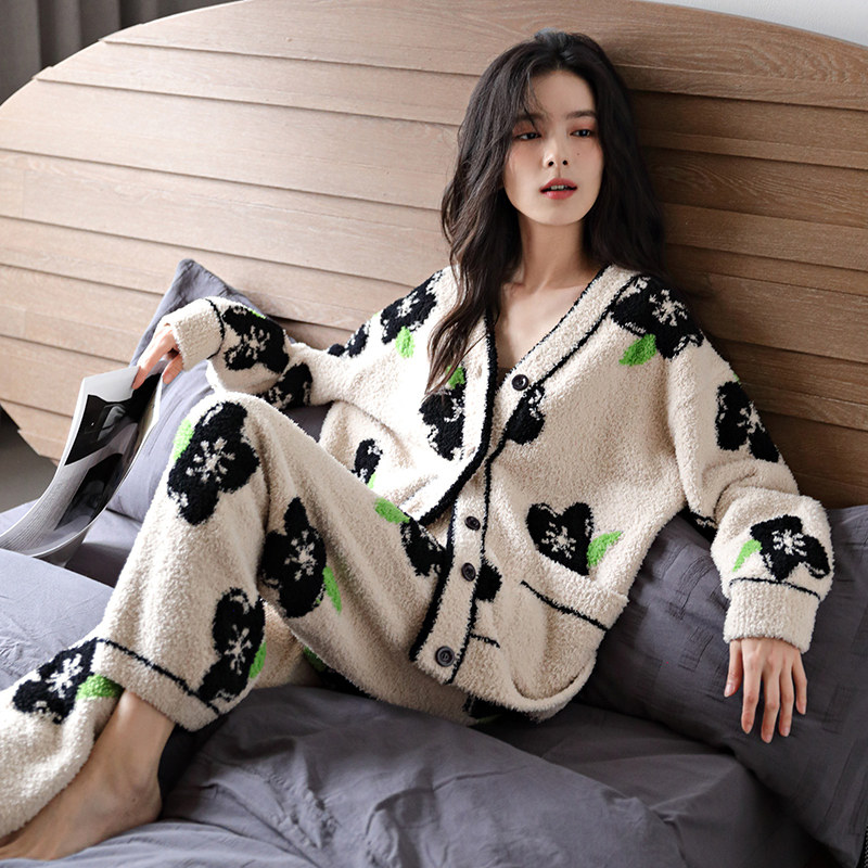 婷美珊瑚绒睡衣女冬季开衫休闲加绒新款家居服秋冬款半边绒两件套