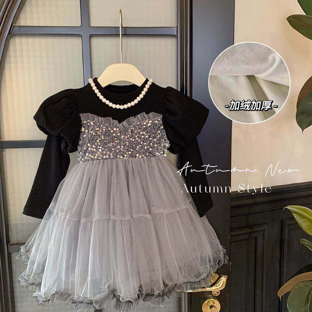 英国Next Naive韩版童装女童冬季连衣裙加绒加厚高级感网纱公主裙