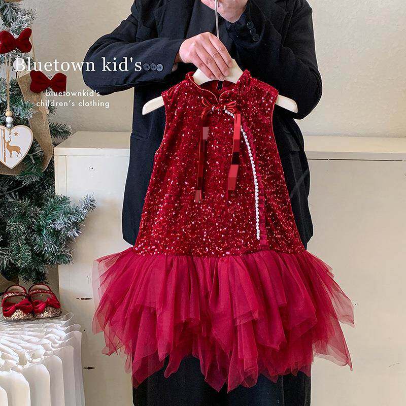 英国Next Naive女童生日礼服背心裙加绒红色连衣裙冬装女宝宝亮片