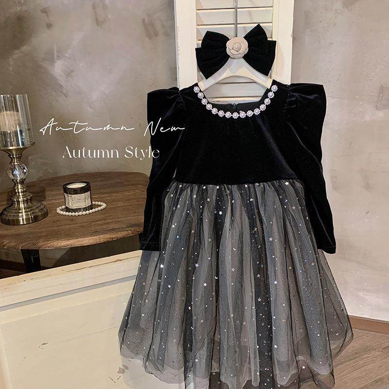 英国Next Naive女童小黑裙气质长袖满天星礼服黑色赫本公主裙复古