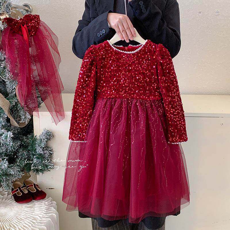 英国Next Naive女童连衣裙冬装儿童高级感洋气亮片公主裙儿童红色