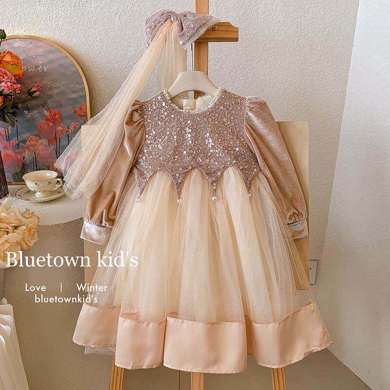 英国Next Naive女童网纱公主丝绒连衣裙2025年冬款加绒礼服亮片蓬