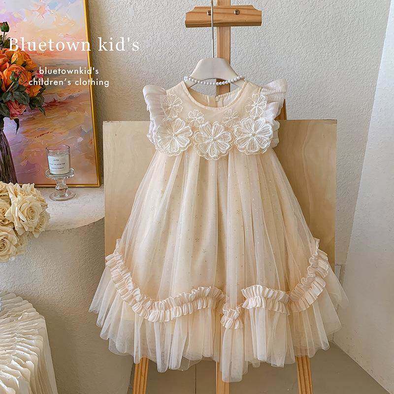 英国Next Naive2025夏装女童洋气飞袖立体花朵网纱蓬蓬裙宝宝韩版