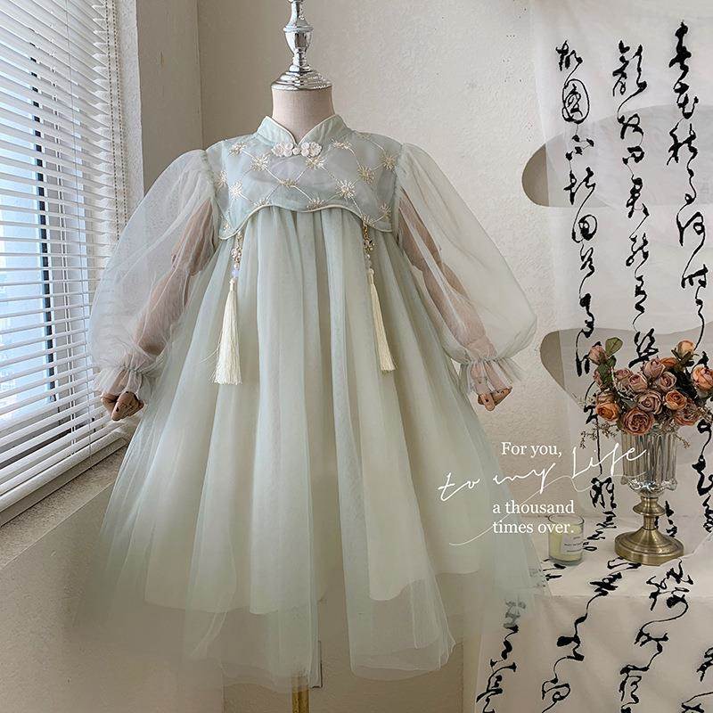 英国Next Naive女童连衣裙秋季2024新款儿童秋装洋气中国风网纱秋